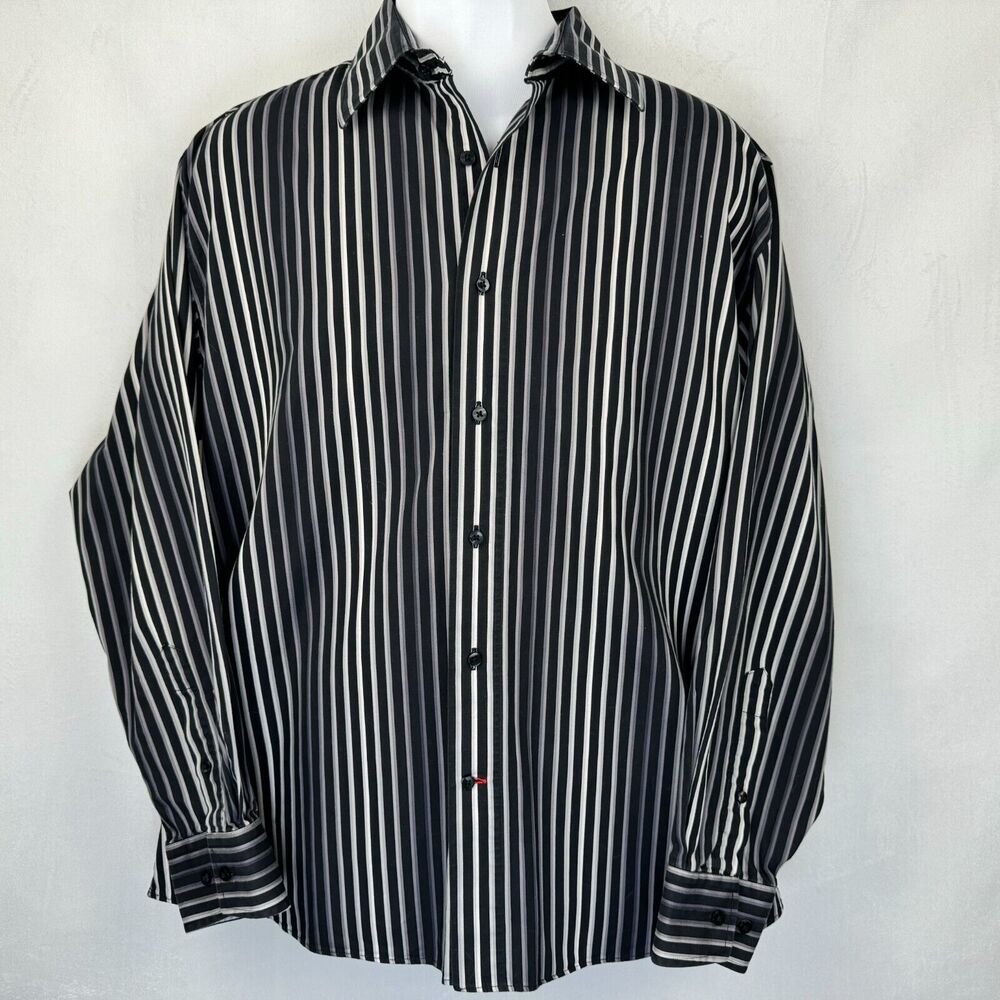Report Collection Men Shirt Sz L Striped Button Down Long Sleeve Black Gray